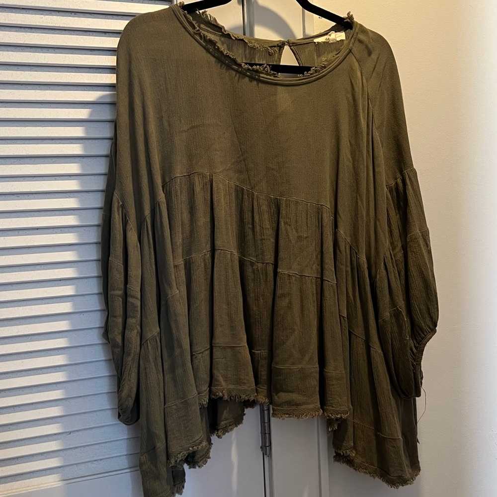 Olive green, long-sleeved blouse. Size medium from a boutique.